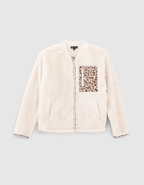 Girls’ ecru plush cardigan with leopard motif details