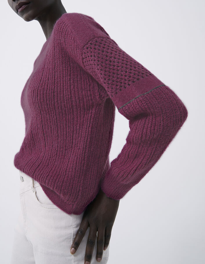 Women’s purple knit sweater with stitch detail and chains - IKKS