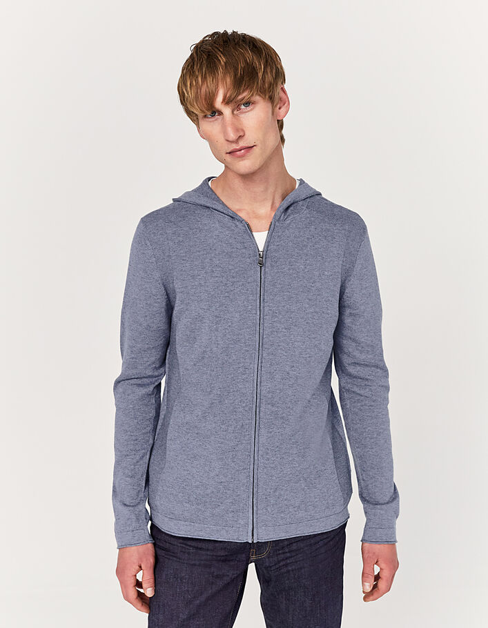 Men's stone blue knit hooded zip-up cardigan - IKKS