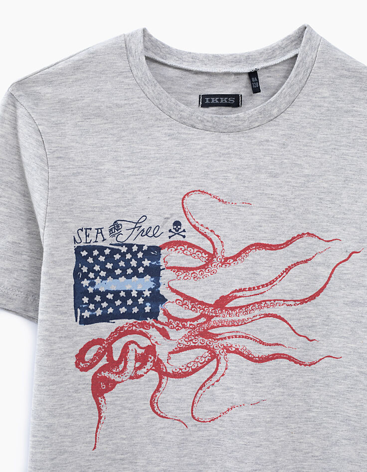 Boys' grey marl octopus-flag image T-shirt-2 Boys' grey marl octopus-flag image T-shirt-2