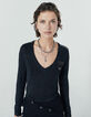 Tee-shirt viscose Ecovero® bleu marine broderies femme-1