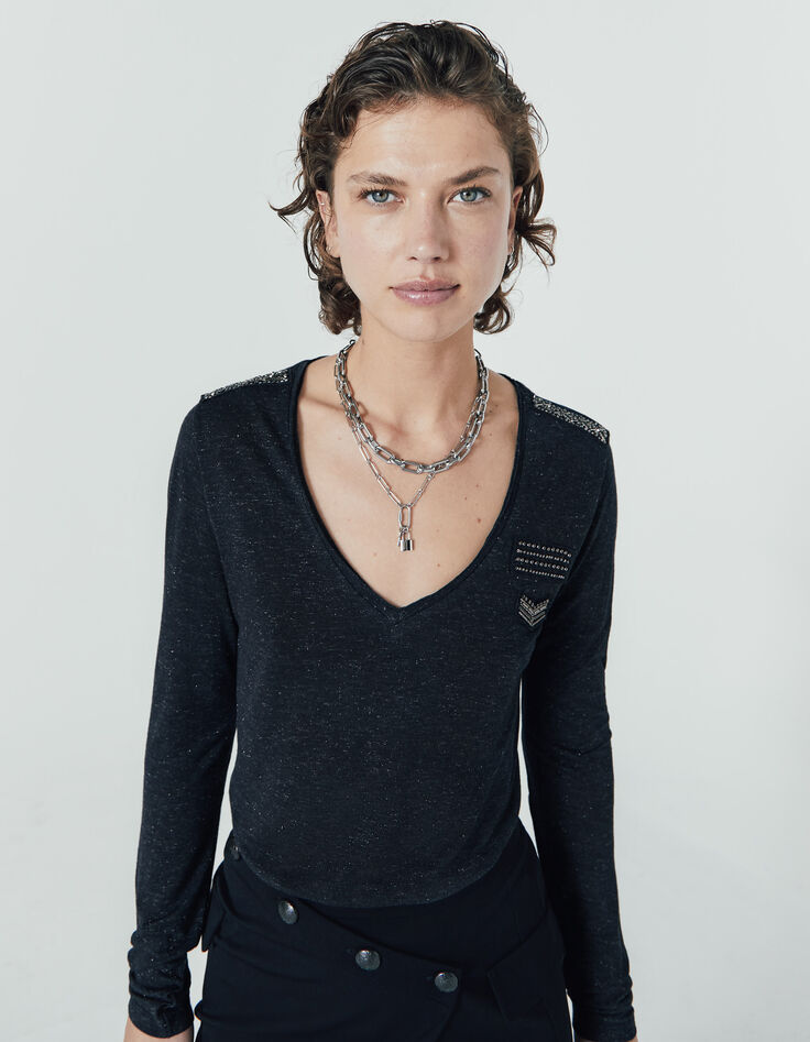 Tee-shirt viscose Ecovero® bleu marine broderies femme-1 Tee-shirt viscose Ecovero® bleu marine broderies femme-1