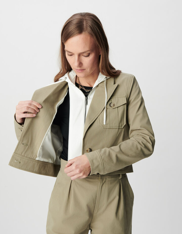 Women's short green jacket with removable white satin hood-4