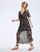 Robe longue col V en voile imprimé floral métallisé-2