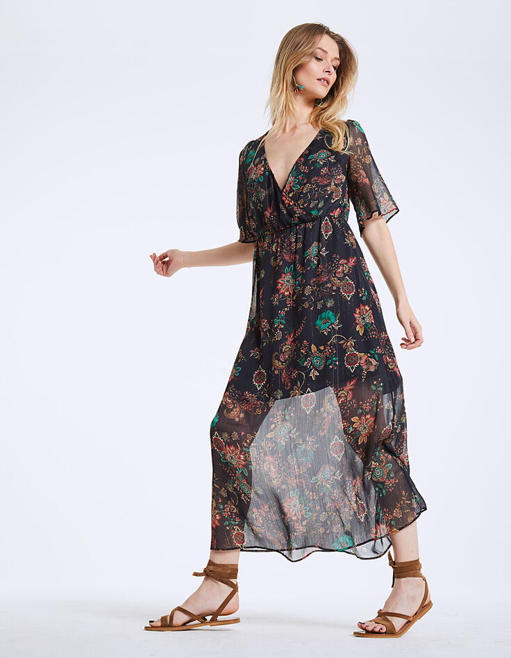 Robe longue col V en voile imprimé floral métallisé-2