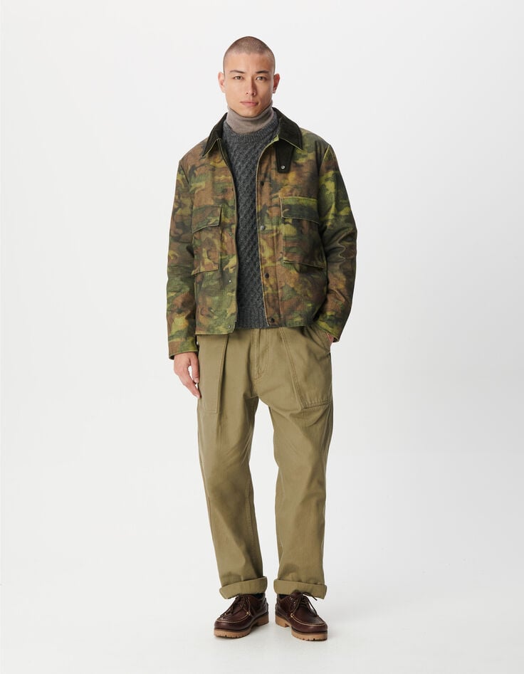 Khaki Wachsjacke mit Samtkragen Herren-2