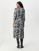 Women's grey blue satin long dress with scarf print-3