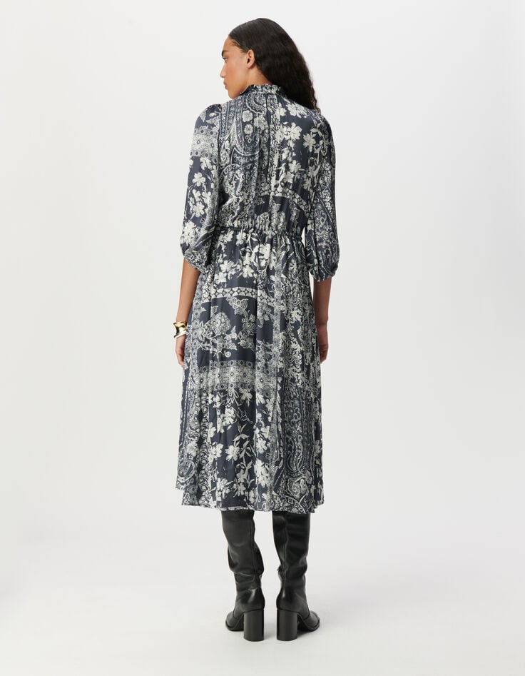 Women's grey blue satin long dress with scarf print-3 Women's grey blue satin long dress with scarf print-3
