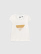 Cremeweißes Mädchen-T-Shirt mit goldfarbener Herzstickerei-1