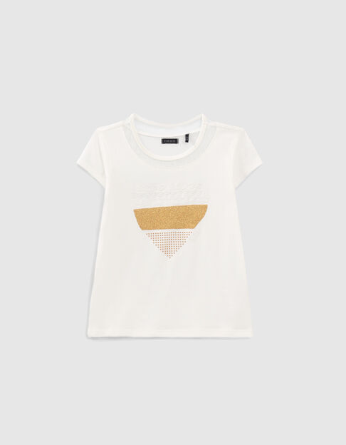Cremeweißes Mädchen-T-Shirt mit goldfarbener Herzstickerei