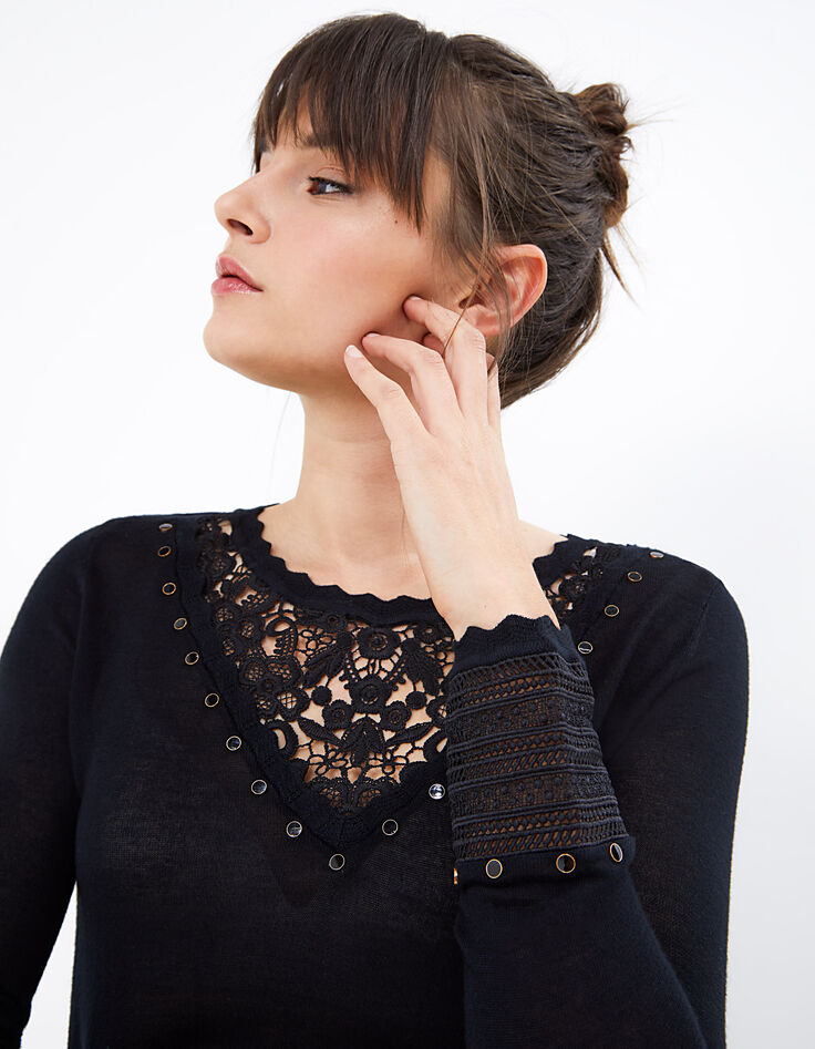 Pull noir tricot fin à plastron dentelle et clous I.Code-2