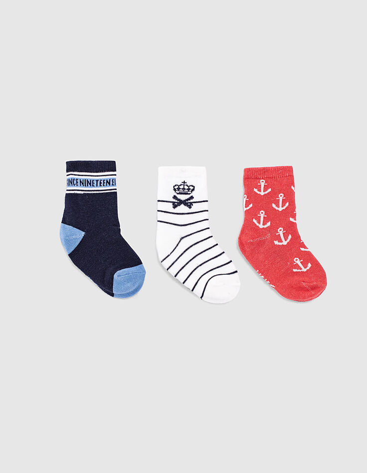 Marineblaue, weiß gestreifte und orangefarbene Socken -1