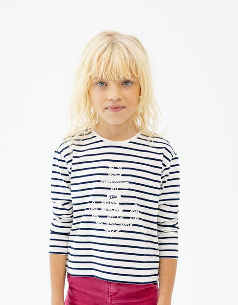 Girls’ ecru sailor top, navy stripes & embroidered anchor