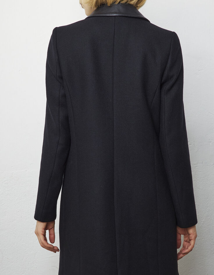 Women’s black shirt collar coat, grey trompe l'œil band-3