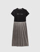 Robe midi noire bi mati&egrave;re pliss&eacute;e fille-1