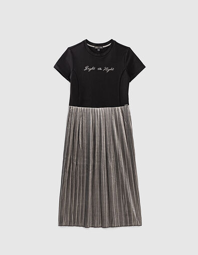 Robe midi noire bi mati&egrave;re pliss&eacute;e fille - IKKS