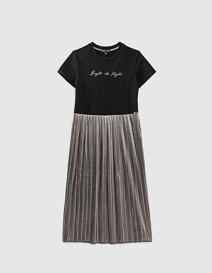 Robe midi noire bi mati&egrave;re pliss&eacute;e fille-1