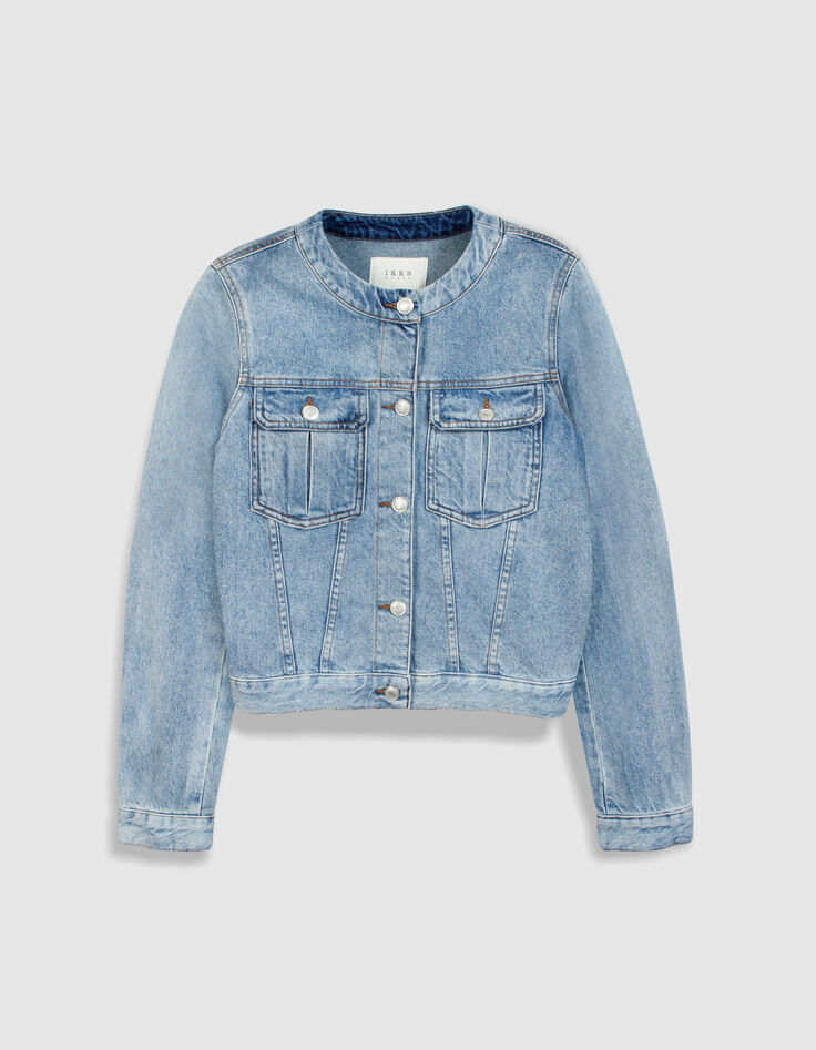 Veste en jean bleu col rond Femme-7