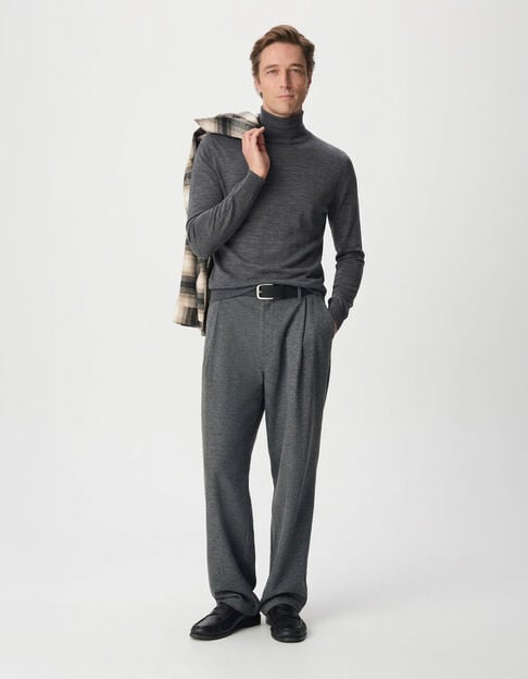 Men's Gray 100% Wool Knitted Turtleneck Sweater - IKKS