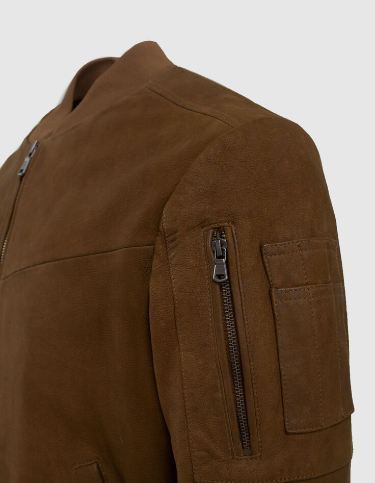 Bomber beige en cuir à poches zippées Homme-4