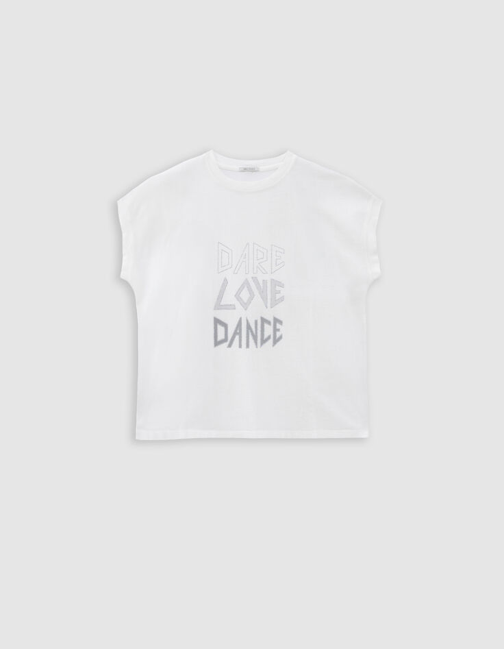 Weißes T-Shirt, Rundhals, Glitzerrand-5