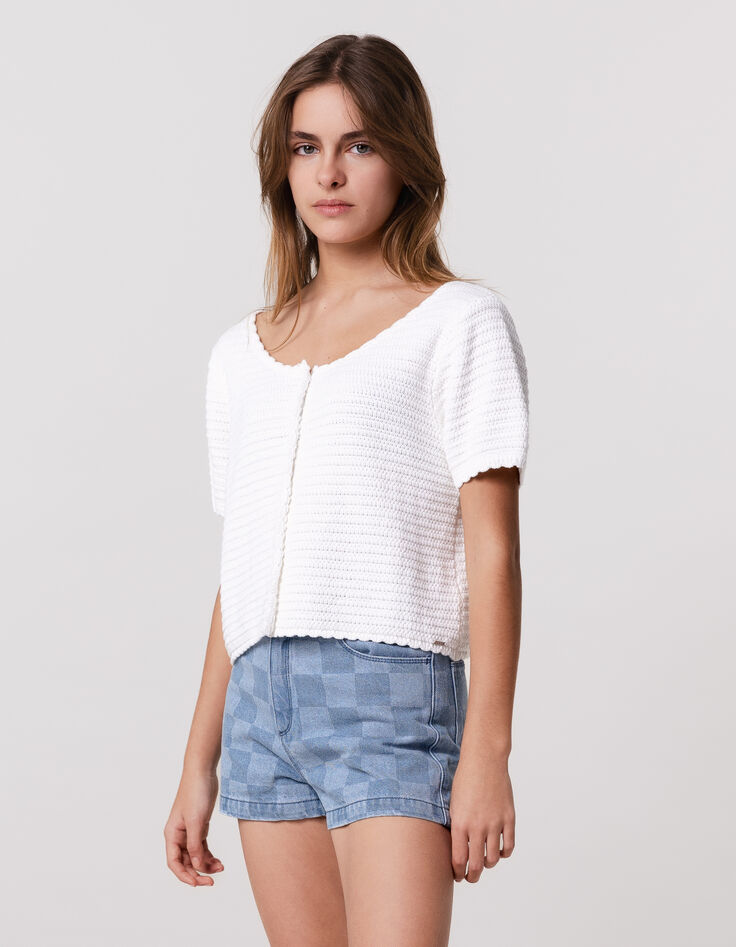 Pull blanc tricot fantaisie réversible devant/dos fille-1