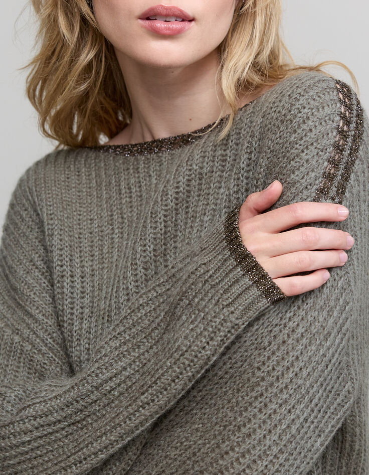 Women’s army green ribbed knit sweater with lurex details-5 Women’s army green ribbed knit sweater with lurex details-5
