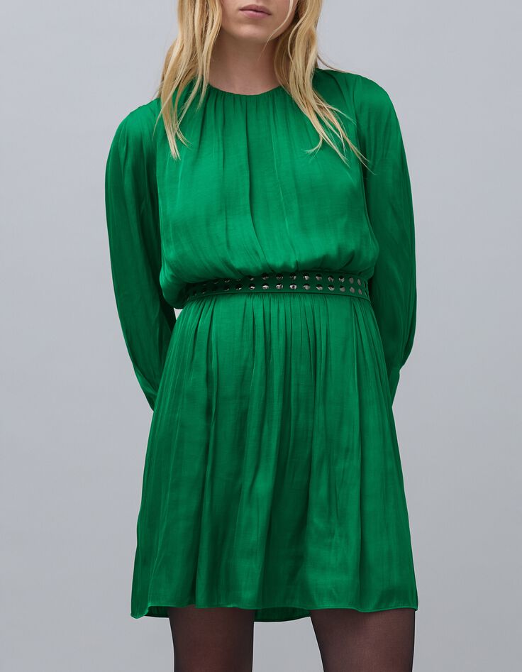 Robe vert pré froissée clous à la taille Femme-4
