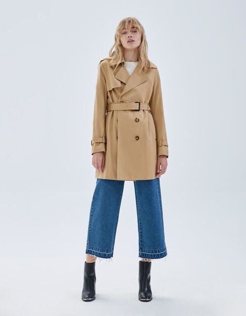 Women’s beige belted mid-length trench coat