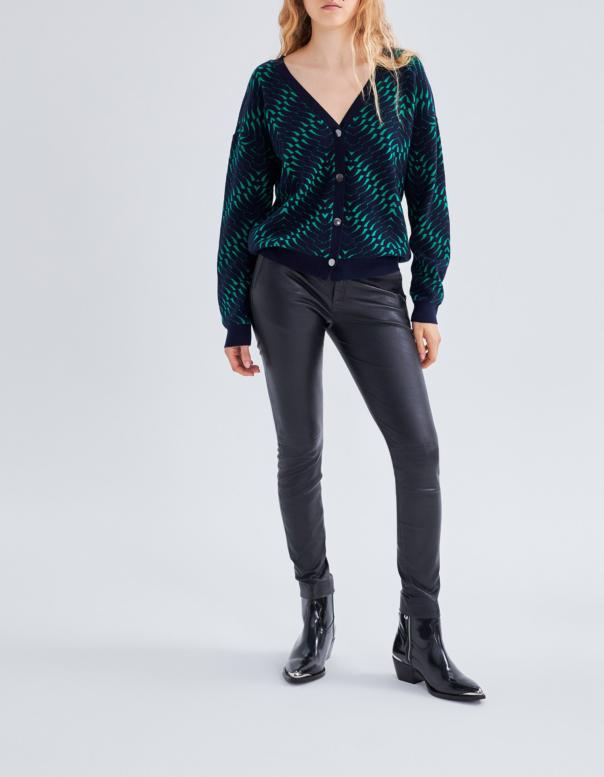 Women s navy geometric motif jacquard knit cardigan