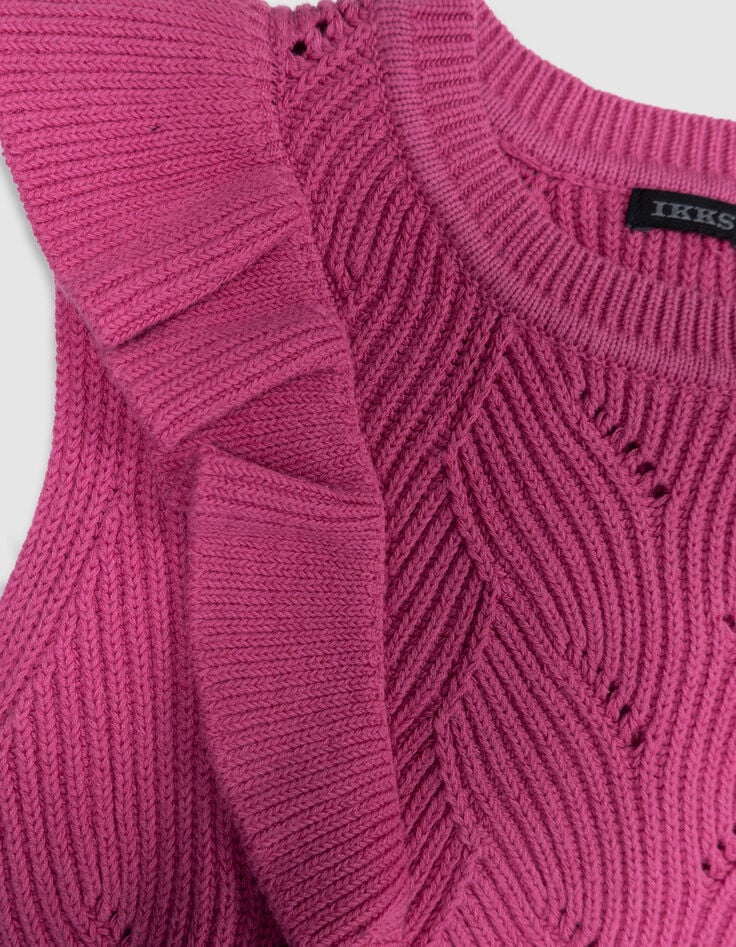 Pull sans manches rose tricot fantaisie volants fille-7