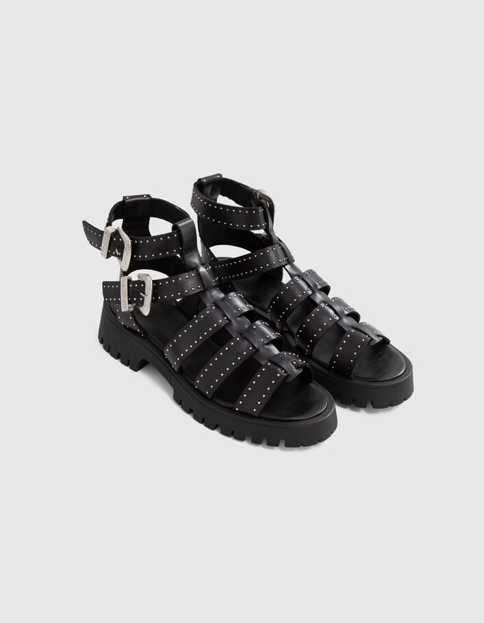 Women’s black leather chunky sandals, studded multi straps - IKKS