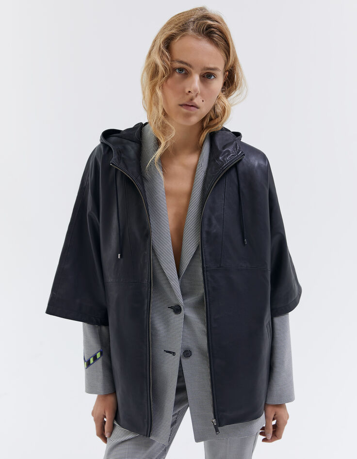 Women’s black cape-style leather jacket with hood-3