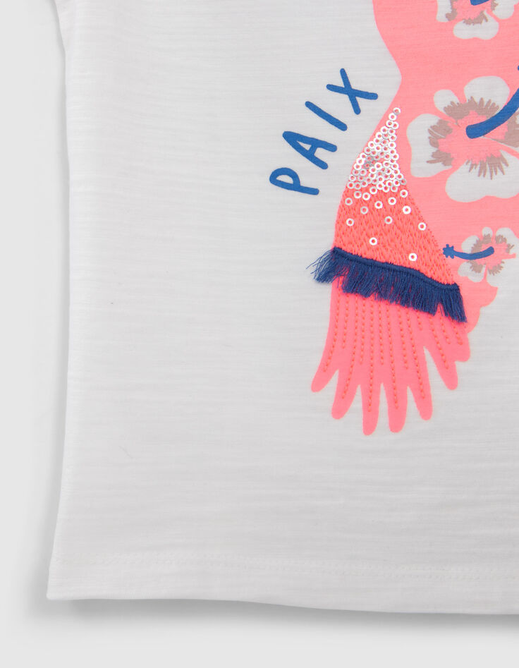 Girls’ white organic cotton T-shirt, neon pink bird image-4