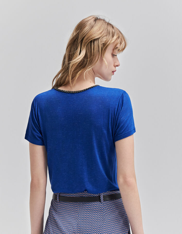 Kobaltblaues Damen-T-Shirt Lurex Zierketten am Ausschnitt - IKKS