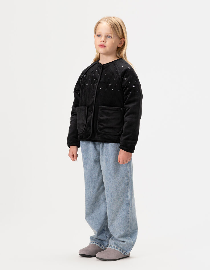 Girls’ black quilted embroidered velvet cardigan-3