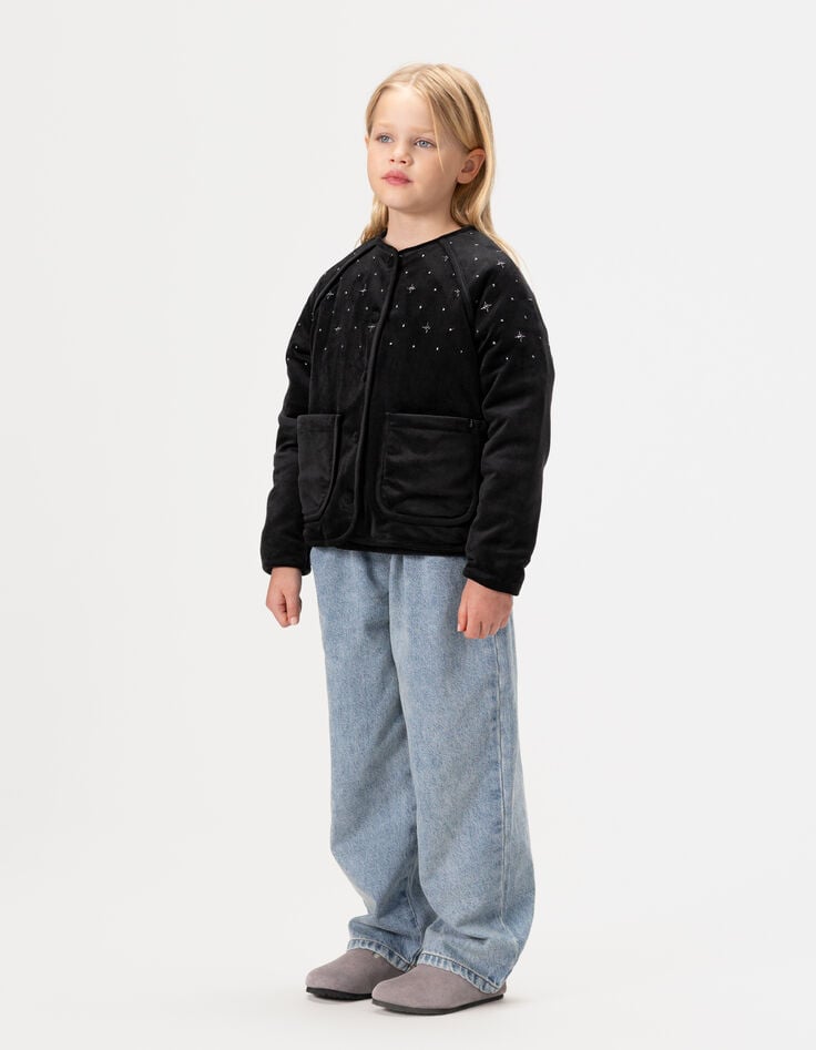 Cardigan noir velours matelassé brodé fille-3 Cardigan noir velours matelassé brodé fille-3