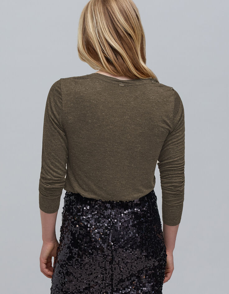 Tee-shirt kaki maille lurex d&eacute;cor gourmettes Femme-2