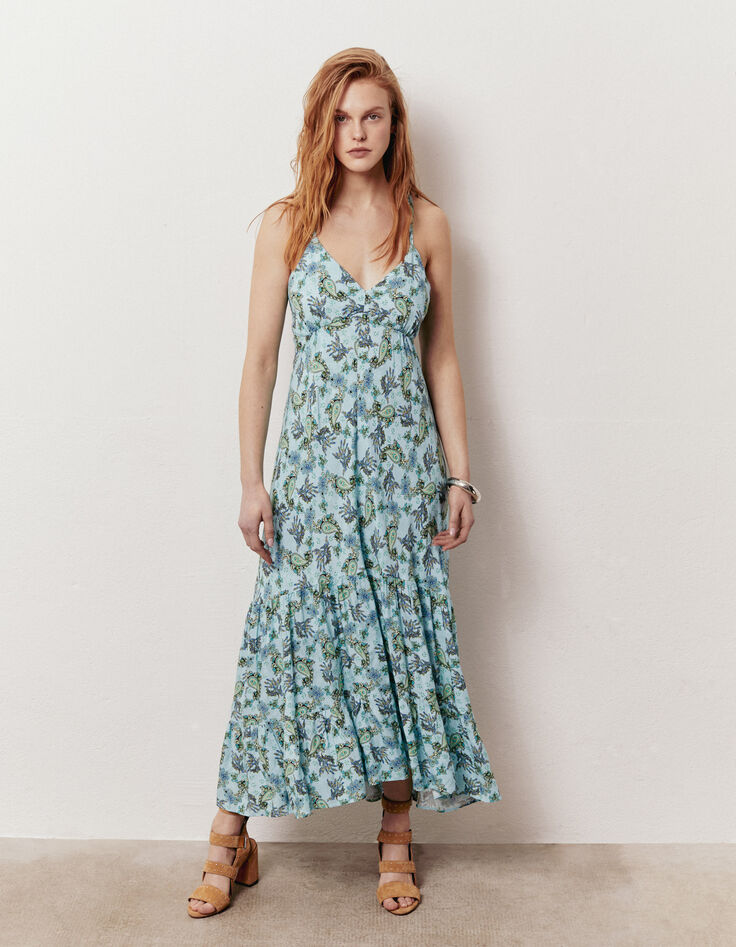 Women’s turquoise Paisley print viscose long dress-1