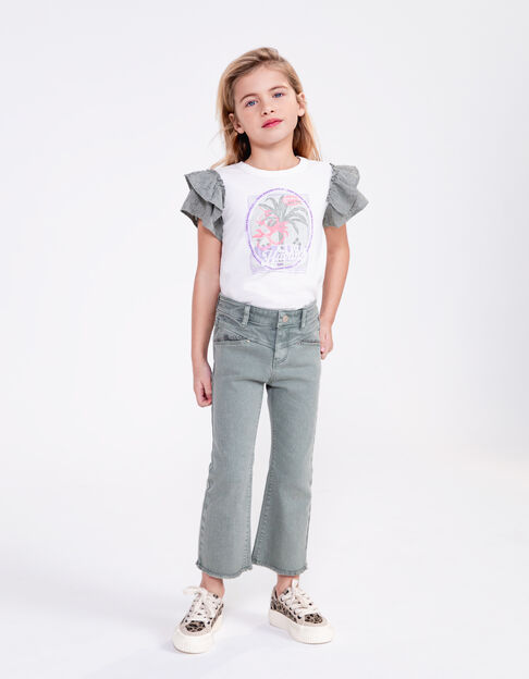 Girls' khaki 7/8 flared jeans with fringed cuffs - IKKS