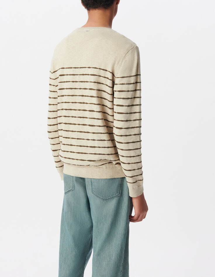 Beiger Herren-Matrosenpulli Feinstrick khaki Streifen-4