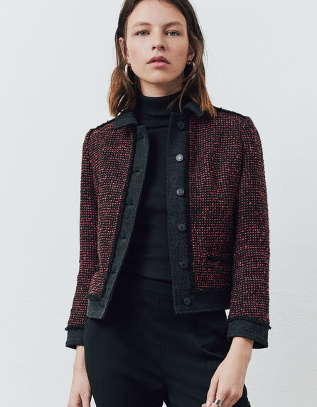Women’s red and black tweed and denim mixed-fabric jacket
