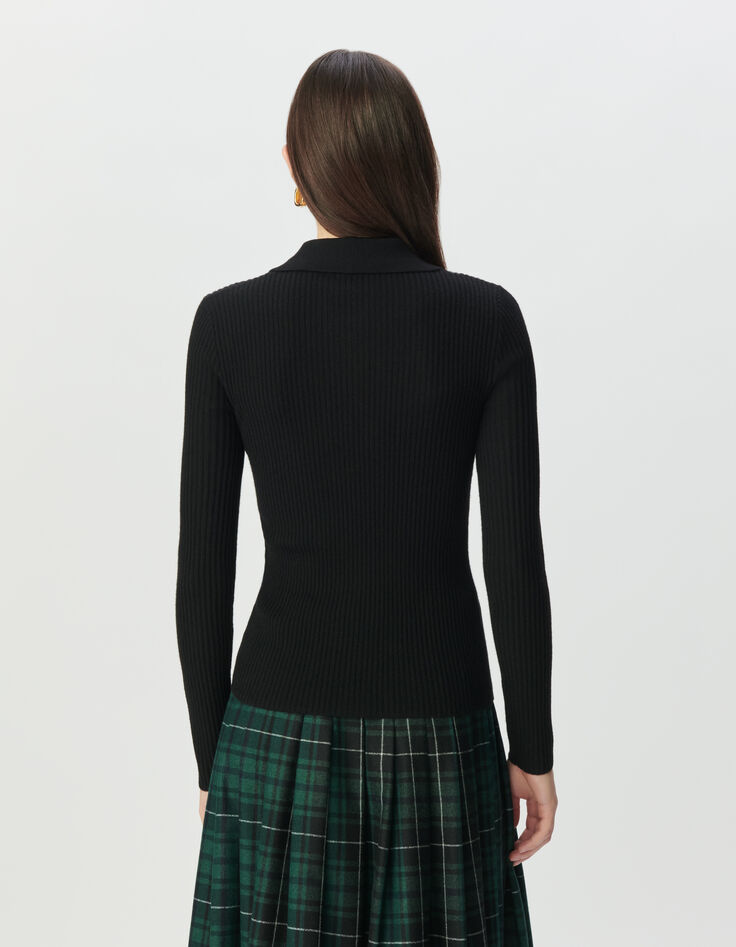 Pull noir tricot 100% laine col polo zippé Femme-4
