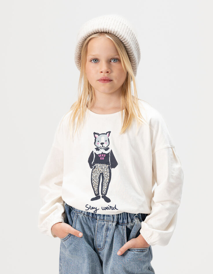 T-shirt écru coton bio lapin col dentelle 3D fille-2