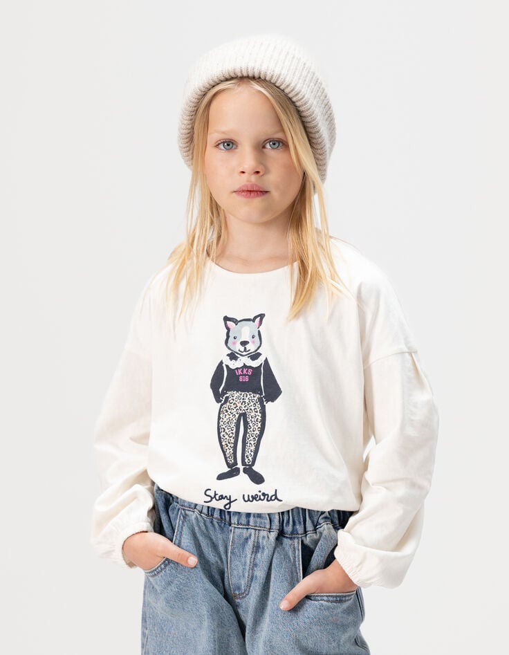 T-shirt écru coton bio lapin col dentelle 3D fille-2 T-shirt écru coton bio lapin col dentelle 3D fille-2
