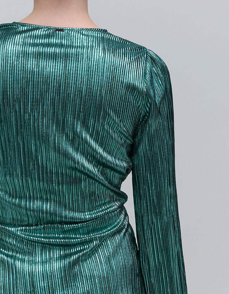 Robe émeraude métallisée plisssée Femme-5