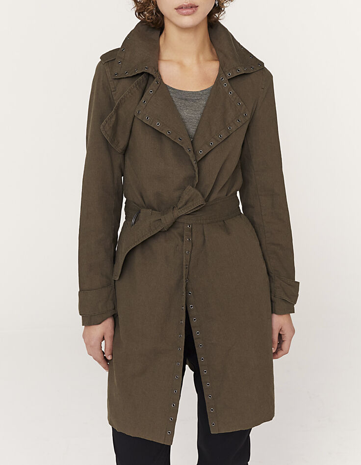 Trench long en lin kaki détails oeillets femme-2