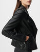 Zwart leren bikerjack met afneembare capuchon Dames-5