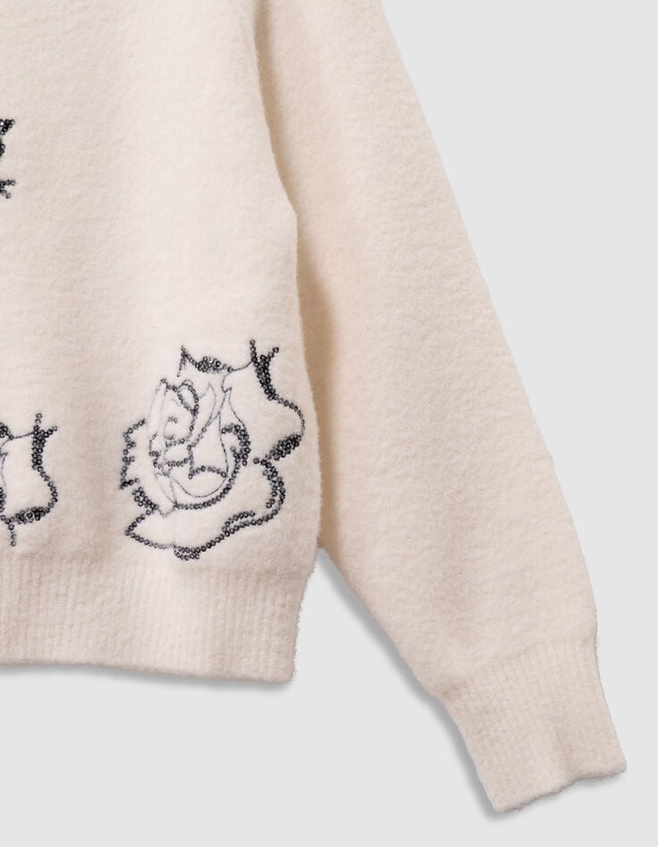 Pull col montant blanc tricot broderies sequins fille-7 Pull col montant blanc tricot broderies sequins fille-7