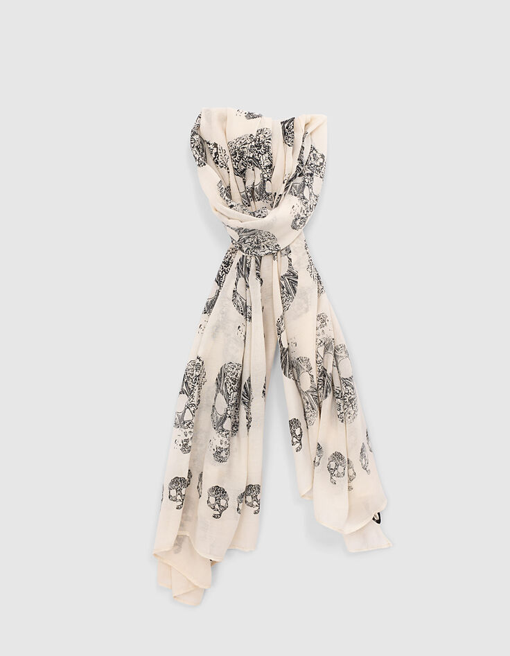 Chèche fin écru motifs têtes de mort femme-1 Chèche fin écru motifs têtes de mort femme-1